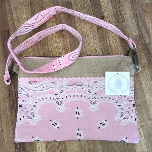 pink fabric purse handkerchief print shoulder handbag NWT jute strap